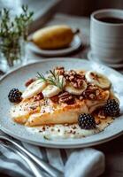 Delicious breakfast plate with fruits and nuts on a wooden table photo