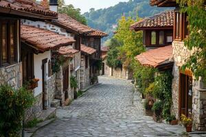 Charming cobblestone street lined with flowers in a picturesque village during daylight photo