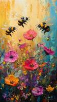 Bees hovering over colorful flowers in a vibrant garden during springtime photo