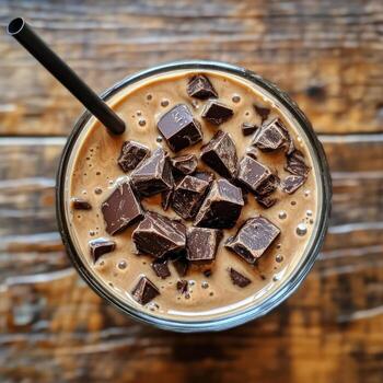 Enjoying a creamy chocolate drink topped with rich chocolate chunks on a wooden table photo