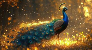 Majestic peacock displaying vibrant feathers in a sunlit forest filled with golden leaves photo