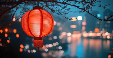 Bright lantern hanging from cherry blossom branches by the riverside during twilight photo