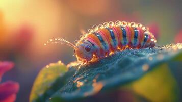Colorful caterpillar covered in dew on a leaf during golden hour in a vibrant garden photo