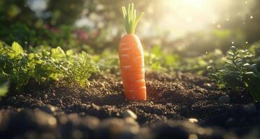 Bright orange carrot grows in rich soil under warm sunlight in a thriving garden setting photo