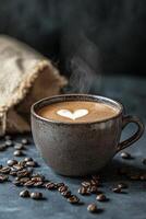 Warm coffee cup with heart latte art and coffee beans on dark background photo