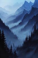 Misty valley landscape at twilight with mountains in the background and dense forest photo