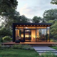 Modern glass house surrounded by greenery in a serene forest setting at dusk photo