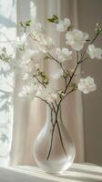 Beautiful white flower bouquet in a glass vase near a sunlit window during a serene evening photo