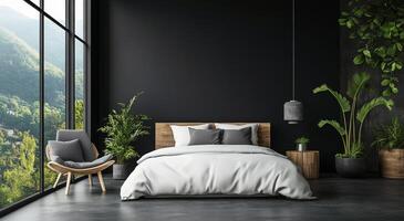 Modern bedroom with large windows and natural greenery overlooking a serene landscape photo
