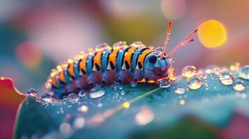Colorful caterpillar covered in dew on a leaf during golden hour in a vibrant garden photo