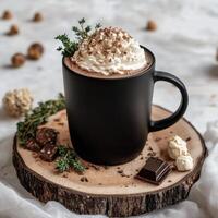 Creamy hot chocolate topped with whipped cream and chocolate shavings served in a black mug photo
