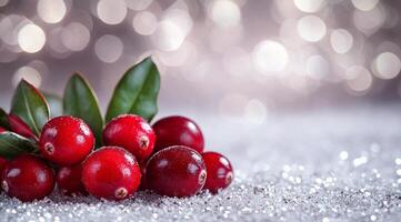 Fresh cranberries arranged on a sparkly surface with soft bokeh background for seasonal decor photo
