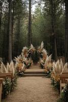 Beautiful floral arch adorned with pampas grass and flowers in a serene forest setting photo