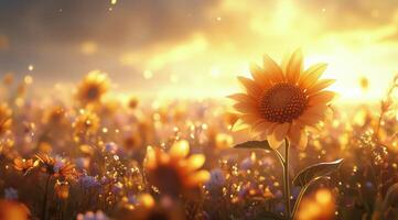 Bright sunflower in a vibrant field at sunset with warm tones and soft bokeh effects photo