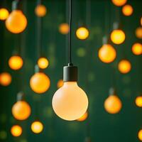 Unique hanging light bulbs illuminating a warm ambiance in a stylish interior space photo