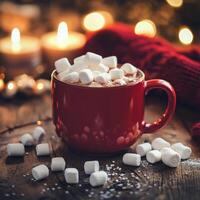 Warm red mug filled with hot chocolate topped with marshmallows against a cozy backdrop photo