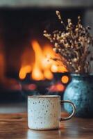 Cozy warm drink beside a glowing fireplace with dried flowers in soft background photo