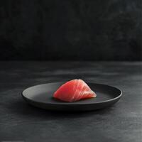 sashimi preparación presentando Fresco atún cubitos en un texturizado negro plato foto
