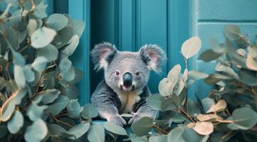 Cute koala peeking from behind a blue door surrounded by eucalyptus leaves during daylight photo