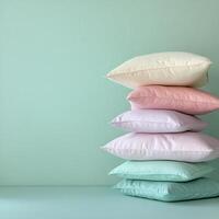 Soft pastel pillows stacked against a mint green wall in a minimalist room photo