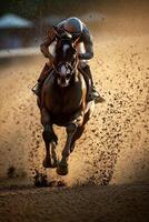 Jockey racing on a horse during sunset on a dirt track, dust swirling around in the air photo