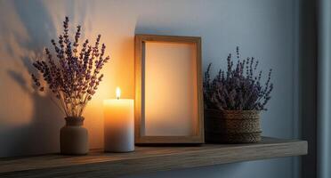 Peaceful home decor with lavender flowers and candle creating a cozy ambiance in evening light photo