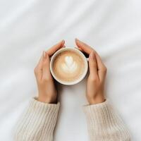 Warm hands holding a latte with heart design on a soft white surface in a cozy setting photo