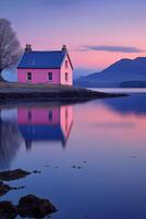 Reflections of a pastel pink house by a tranquil lake with mountains in the background at sunset photo