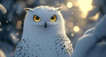 Cute animated owl with big eyes in snowy setting enjoying the winter wonderland photo