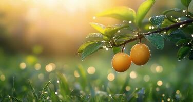 Dewy yellow fruits hanging on branch with sunlight glistening in background at dawn photo