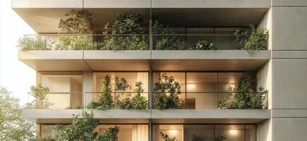Modern architectural design with greenery on balcony in urban setting during daytime photo