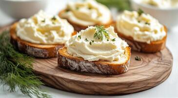 Delicious creamy spread on toasted bread topped with fresh herbs for a delightful appetizer photo