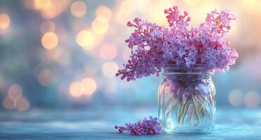 Beautiful lilac flowers in a glass jar surrounded by soft blurred background lights at dusk photo