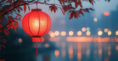 Bright lantern hanging from cherry blossom branches by the riverside during twilight photo