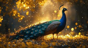 Majestic peacock displaying vibrant feathers in a sunlit forest filled with golden leaves photo