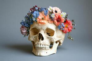Floral arrangement atop a decorative skull surrounded by soft pastel colors photo