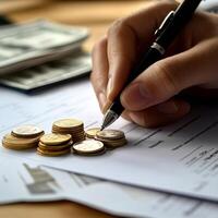 Counting coins and signing paperwork for financial planning at a desk photo