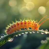 Colorful caterpillar on a wet leaf glistening in the morning light displaying intricate textures and colors photo