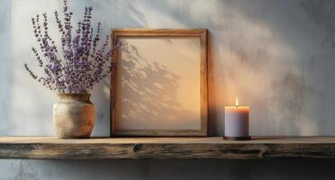 Peaceful home decor with lavender flowers and candle creating a cozy ambiance in evening light photo