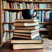 Stack of books with a black mug on top in a library setting filled with shelves of books photo