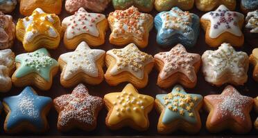 Delicious homemade star-shaped cookies decorated with icing and sprinkles on a baking tray photo