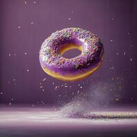Vibrant purple donut levitating with colorful sprinkles against a purple background photo