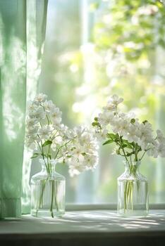 Fresh white flowers in glass vases arranged by a sunny window on a spring morning photo