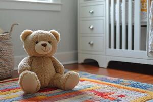 Cozy nursery with a teddy bear on the floor and a crib by the window in a modern home photo