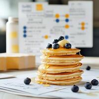 Stack of fluffy pancakes topped with blueberries and syrup on a table with menu notes photo