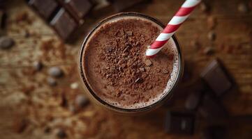 Rich chocolate beverage topped with cocoa and chocolate pieces, enjoyed indoors photo