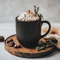 Creamy hot chocolate topped with whipped cream and chocolate shavings served in a black mug photo