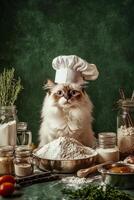 Fluffy cat chef preparing a meal with various ingredients and kitchen tools in a cozy setting photo