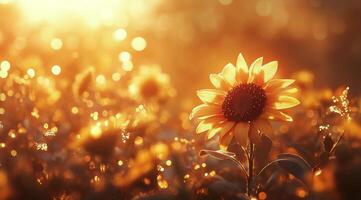 Bright sunflower in a vibrant field at sunset with warm tones and soft bokeh effects photo