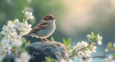 Beautiful bird perched on a rock among blooming flowers at sunset in a serene garden photo